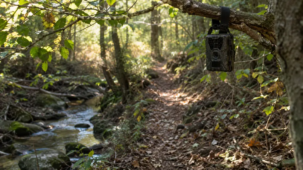 A trail camera hanging from a branch above a deer trail in a creek bottom