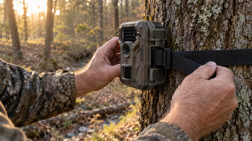 A hunter's hand strapping a small trail camera to a tree with a nylon strap